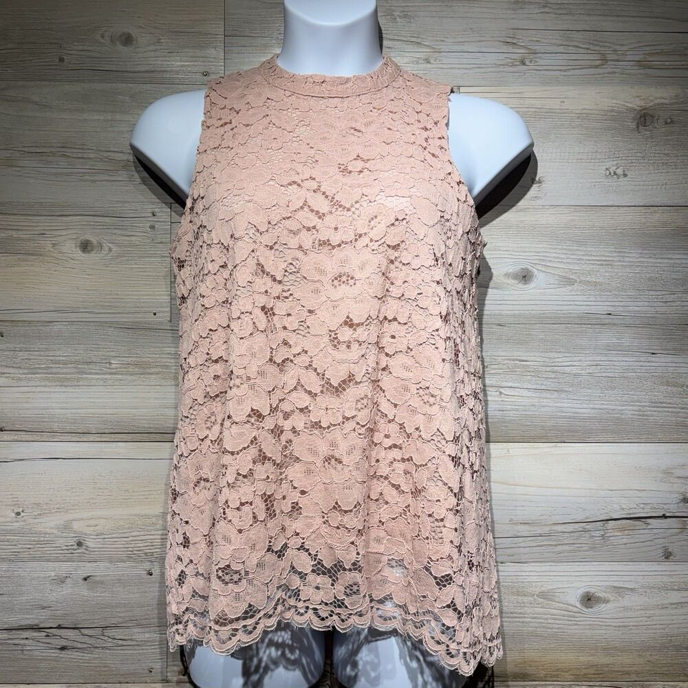 Rose + Olive Sleeveless Blouse Top Lace Overlay Blush Pink Size Large Romantic